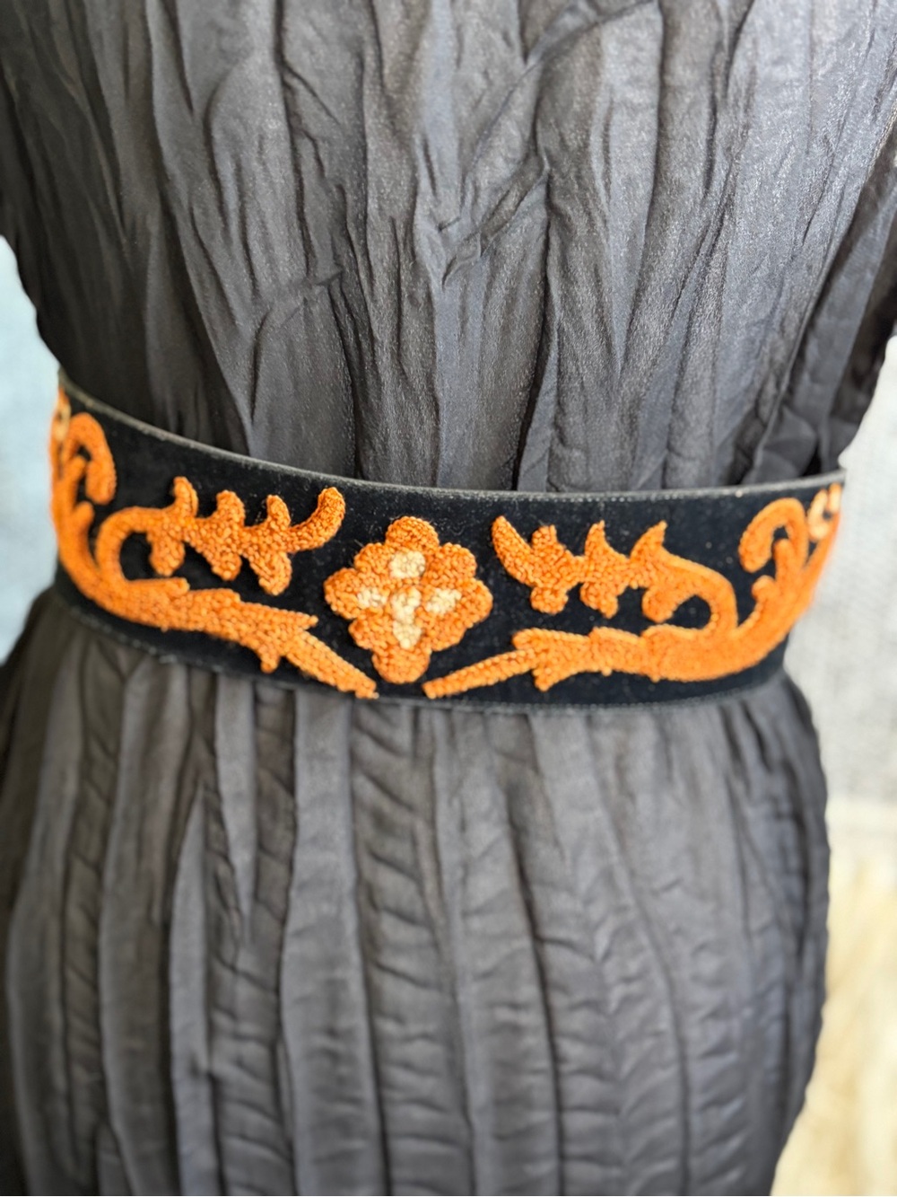 Vintage Black Belt with Orange Embroidered Floral Design